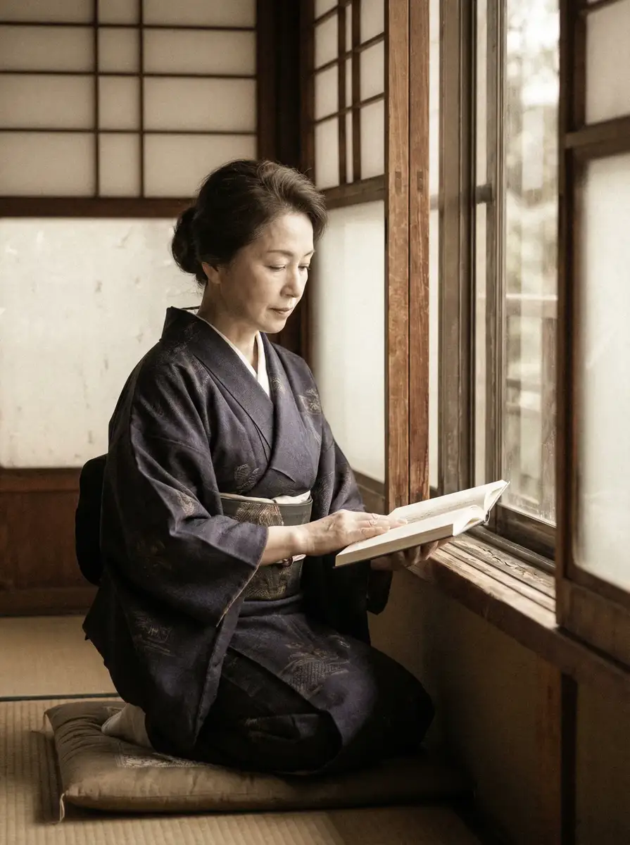 一位优雅的五十岁 里番-里番动漫最新创作与精选视频|里番 身穿深蓝色和服，在窗边静读
